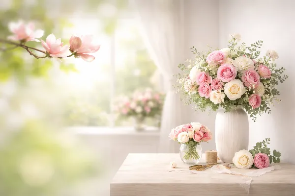 A floral arrangement of pink and white roses in a white vase on a wooden table.