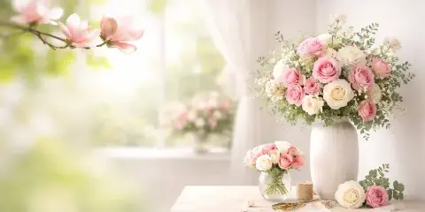A floral arrangement of pink and white roses in a white vase on a wooden table.