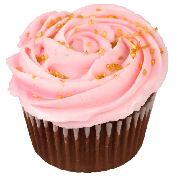 A close-up of a chocolate cupcake topped with pink frosting and gold sprinkles.