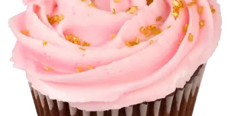 A close-up of a chocolate cupcake topped with pink frosting and gold sprinkles.