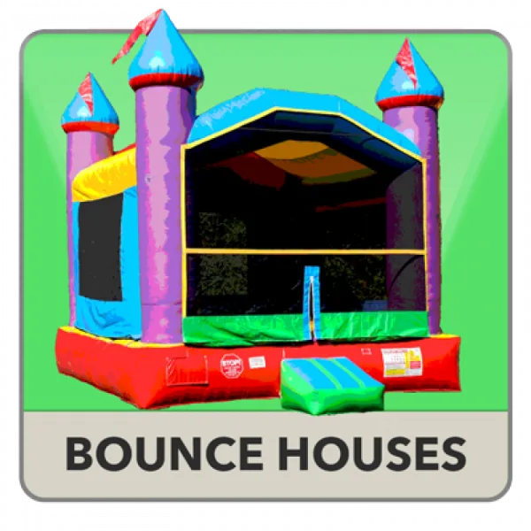 A colorful inflatable bounce house with castle turrets and a slide.
