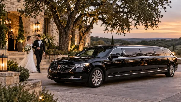 A black stretch limousine parked outside a stone wedding venue with a bride and groom walking nearby.