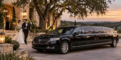 A black stretch limousine parked outside a stone wedding venue with a bride and groom walking nearby.
