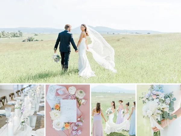 A collage of wedding photography featuring a bride and groom in a grassy field, a reception table setting, a wedding invitation, bridesmaids, and a bridal bouquet.