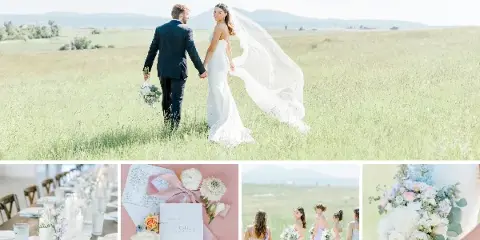 A collage of wedding photography featuring a bride and groom in a grassy field, a reception table setting, a wedding invitation, bridesmaids, and a bridal bouquet.