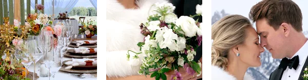 A collage of wedding photography featuring a decorated reception table, a close-up of a white bridal bouquet, and a bride and groom in formal attire.
