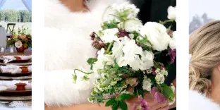 A collage of wedding photography featuring a decorated reception table, a close-up of a white bridal bouquet, and a bride and groom in formal attire.