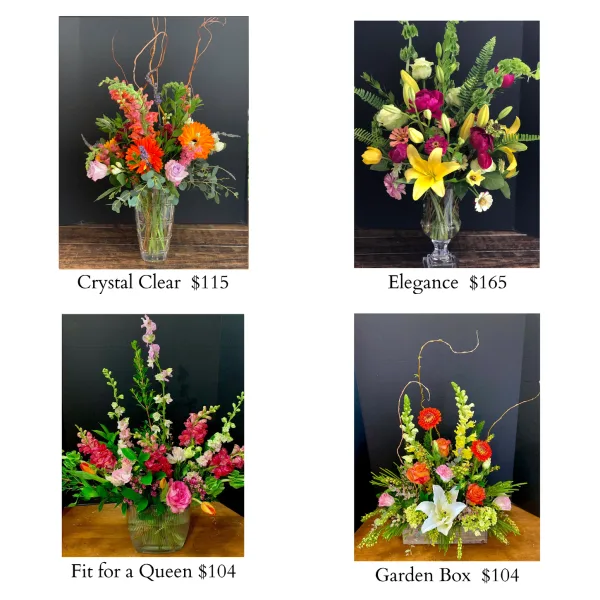 A collage of four floral arrangements including Crystal Clear, Elegance, Fit for a Queen, and Garden Box.