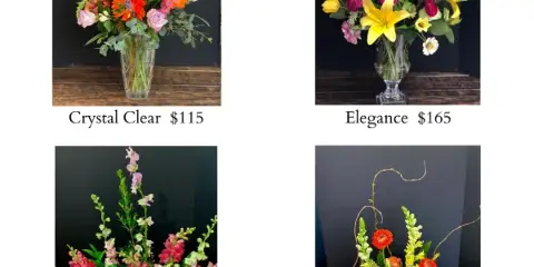 A collage of four floral arrangements including Crystal Clear, Elegance, Fit for a Queen, and Garden Box.