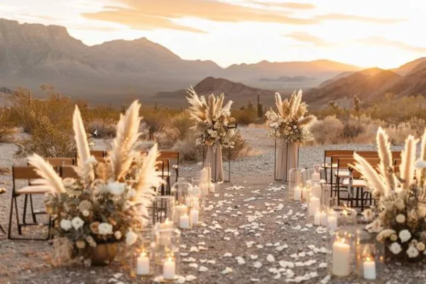 A wedding aisle decorated with pampas grass, flowers, and candles set up in a desert landscape with mountains in the background.