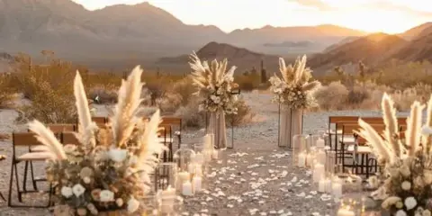 A wedding aisle decorated with pampas grass, flowers, and candles set up in a desert landscape with mountains in the background.