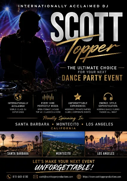 Promotional flyer for DJ Scott Topper featuring a silhouette of a DJ at a mixing console and a list of service areas including Santa Barbara and Montecito.