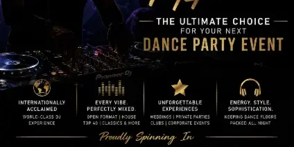 Promotional flyer for DJ Scott Topper featuring a silhouette of a DJ at a mixing console and a list of service areas including Santa Barbara and Montecito.