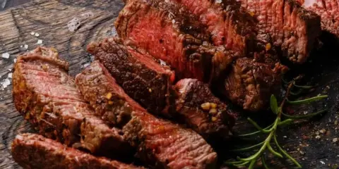 Sliced grilled steak served on a wooden board branded with the name Nelson's