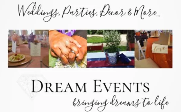 A promotional banner for Dream Events featuring a collage of wedding table settings, a couple exchanging rings, and floral decor.