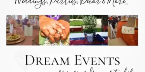 A promotional banner for Dream Events featuring a collage of wedding table settings, a couple exchanging rings, and floral decor.