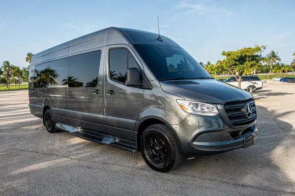 A grey Mercedes Sprinter Van parked in a lot with palm trees in the background.