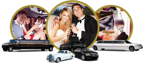 A promotional collage featuring a fleet of limousines and party buses, with inset photos of a wedding couple and a group of friends enjoying champagne inside a vehicle.