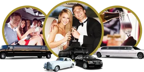 A promotional collage featuring a fleet of limousines and party buses, with inset photos of a wedding couple and a group of friends enjoying champagne inside a vehicle.