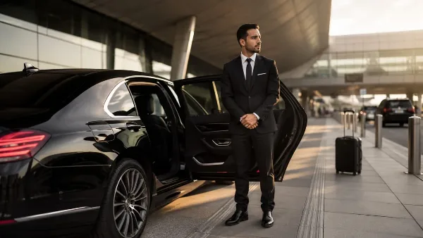 A professional chauffeur in a black suit stands beside a black sedan with the door open at an airport terminal.