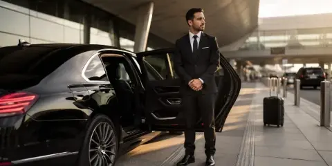 A professional chauffeur in a black suit stands beside a black sedan with the door open at an airport terminal.