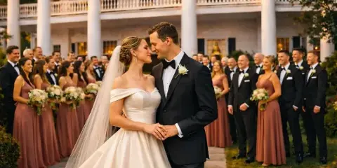 A bride and groom standing at the altar during a wedding ceremony with their wedding party.