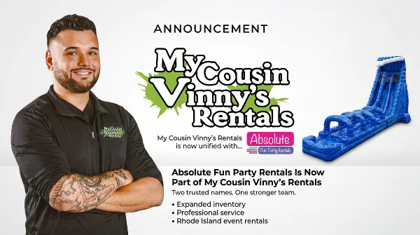 A smiling man in a branded My Cousin Vinny's Rentals polo shirt stands next to a blue inflatable water slide and a business announcement graphic.