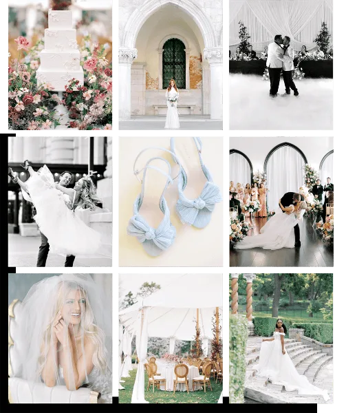A collage of wedding photographs featuring a bride, a wedding cake, a couple dancing, and venue details.