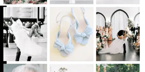 A collage of wedding photographs featuring a bride, a wedding cake, a couple dancing, and venue details.