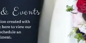 A close-up photograph of a wedding bouquet with red roses and white flowers, accompanied by text reading 'Weddings & Events'.