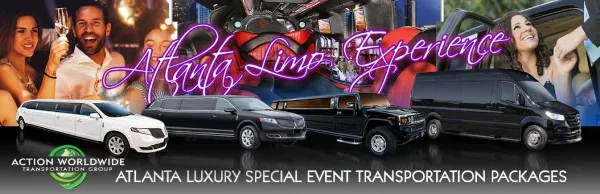 A promotional banner featuring a lineup of luxury vehicles including a white limousine, black SUV, black Hummer, and black Sprinter van, with the text 'Atlanta Limo Experience' and 'Atlanta Luxury Special Event Transportation Packages'.