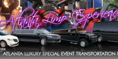 A promotional banner featuring a lineup of luxury vehicles including a white limousine, black SUV, black Hummer, and black Sprinter van, with the text 'Atlanta Limo Experience' and 'Atlanta Luxury Special Event Transportation Packages'.