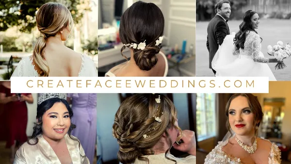 A collage of six photographs showcasing various bridal hairstyles and makeup looks, including updos, braids, and full-face makeup on brides and wedding party members.