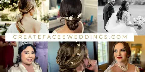 A collage of six photographs showcasing various bridal hairstyles and makeup looks, including updos, braids, and full-face makeup on brides and wedding party members.