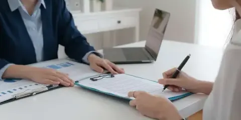 A professional in a business suit and a client signing a document on a clipboard at a desk.