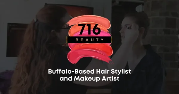 A makeup artist applying makeup to a client's face in a salon setting, with the 716 Beauty logo overlaid.