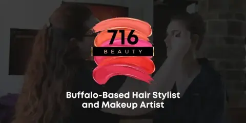 A makeup artist applying makeup to a client's face in a salon setting, with the 716 Beauty logo overlaid.