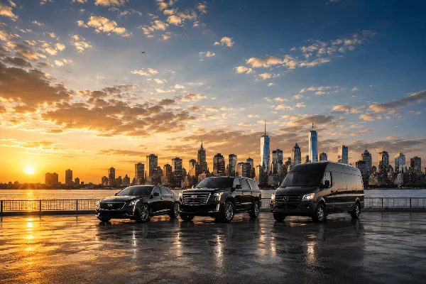 A lineup of black luxury vehicles including a sedan, SUV, and van parked in front of a city skyline at sunset.