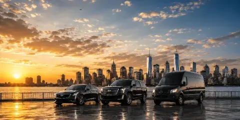 A lineup of black luxury vehicles including a sedan, SUV, and van parked in front of a city skyline at sunset.