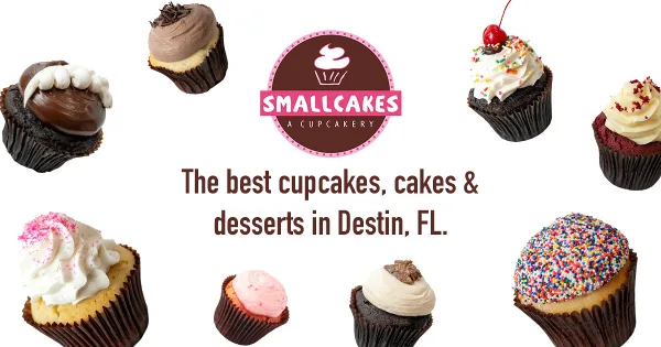 An assortment of gourmet cupcakes with various frostings and toppings arranged around a central logo.