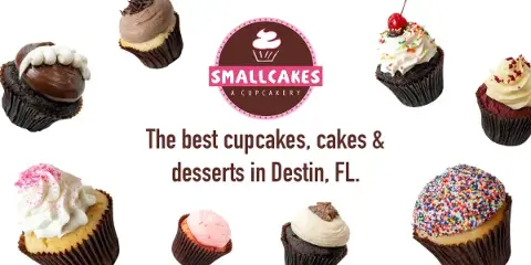 An assortment of gourmet cupcakes with various frostings and toppings arranged around a central logo.