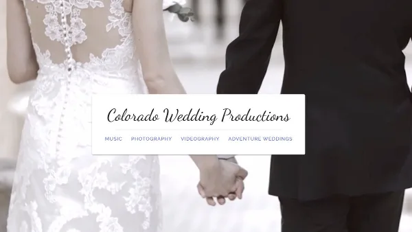 A bride in a white lace dress and a groom in a black suit holding hands, with a text overlay for Colorado Wedding Productions.