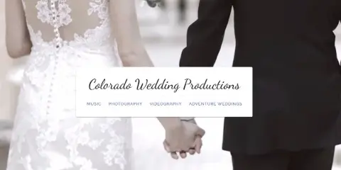 A bride in a white lace dress and a groom in a black suit holding hands, with a text overlay for Colorado Wedding Productions.