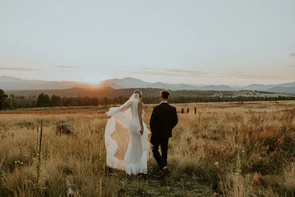 A bride and groom walking away from the camera through a golden grassy field with mountains in the background at sunset.
