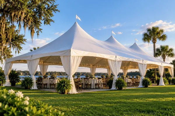 A large white event tent set up on a grassy lawn near a body of water, featuring draped curtains and tables set for a wedding reception.
