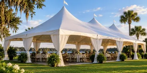 A large white event tent set up on a grassy lawn near a body of water, featuring draped curtains and tables set for a wedding reception.