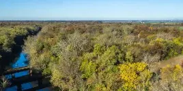 Aerial view of a river winding through a forested park with autumn foliage and open fields.
