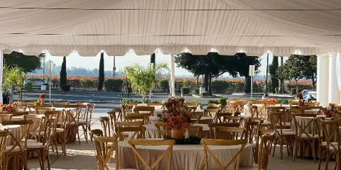 An outdoor event setup featuring round tables with beige tablecloths, wooden cross-back chairs, and floral centerpieces under a white draped tent.