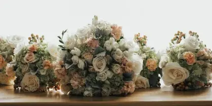 A collection of white and peach floral centerpieces arranged on a wooden table.