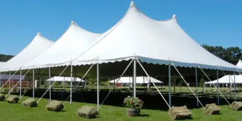 A row of large white event tents set up on a grassy field under a clear blue sky.